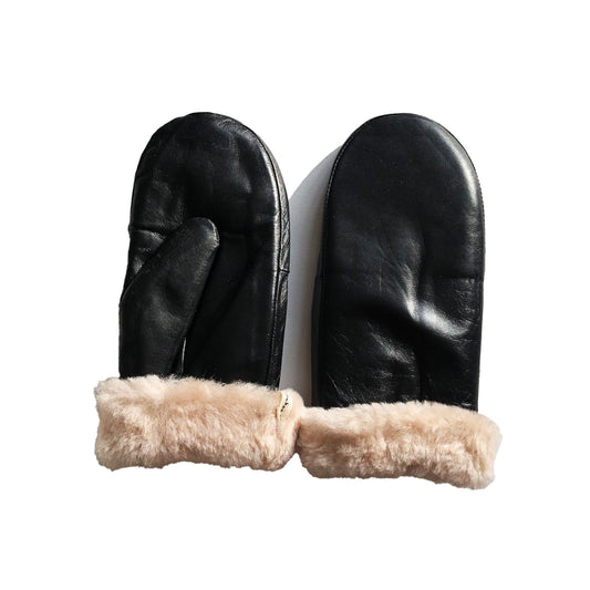 Leather Shearling Mittens in Black