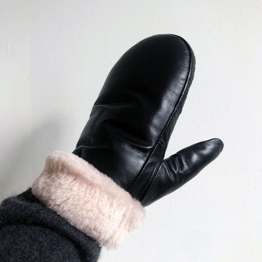 Leather Shearling Mittens in Black