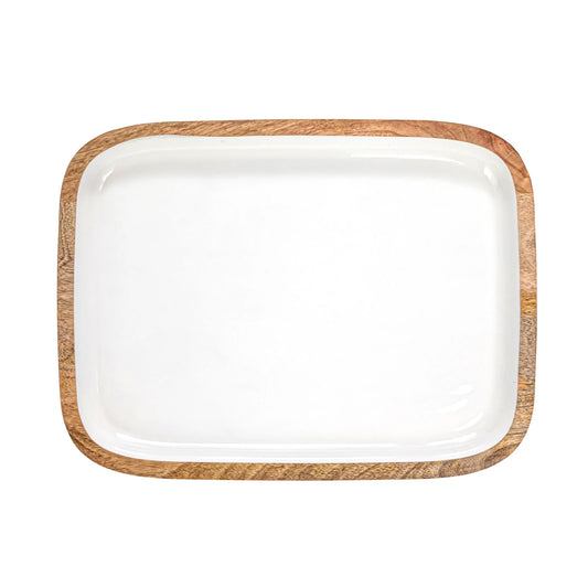 Enameled Mango Wood Tray in Natural and White