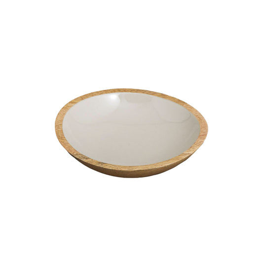 Mango Wood and Taupe Enamel Shallow Bowl